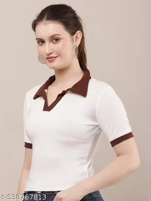 SHIVA White Top with Brown Ribbed Collar – Casual & Stylish Everyday Wear (S, Black)