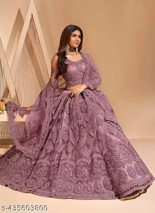 Elegant Net Embroidered Lehenga Choli with Dupatta (Pink)