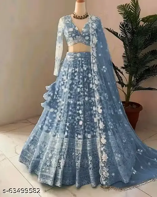 Pretty Trendy Net Embroidered Lehenga Choli with Dupatta (Beigni)